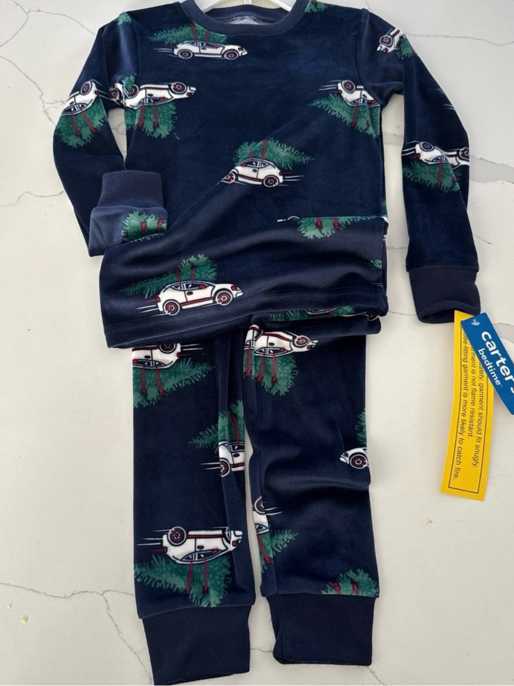 Carter's Navy Blue Pajama Set with White Car and Green Tree Print